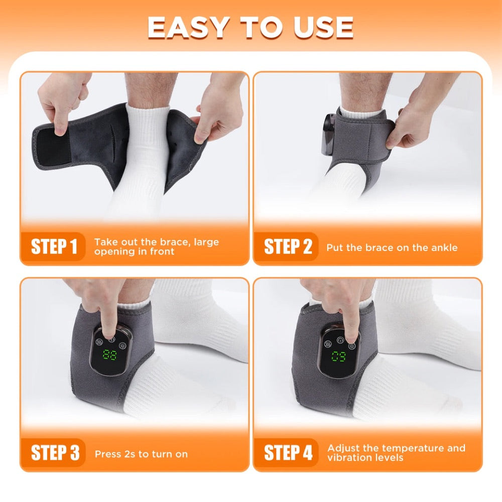 Hands placing the open grey wrap around an ankle