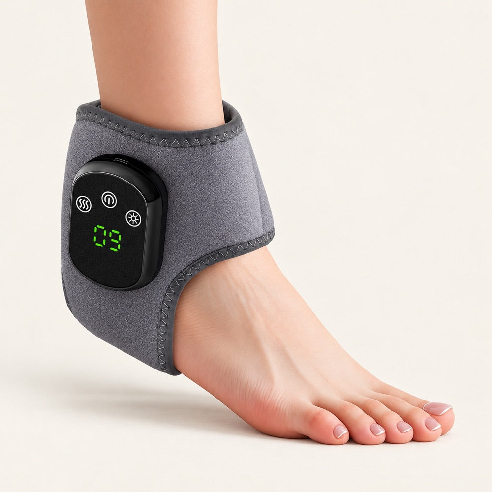 Grey ankle wrap with a black digital controller, worn around the ankle